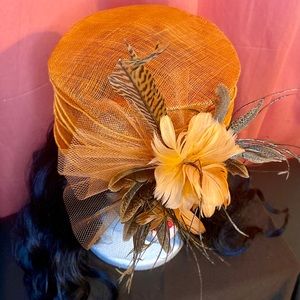 Vintage Orange Ladies Hat with Flowers and Feathers